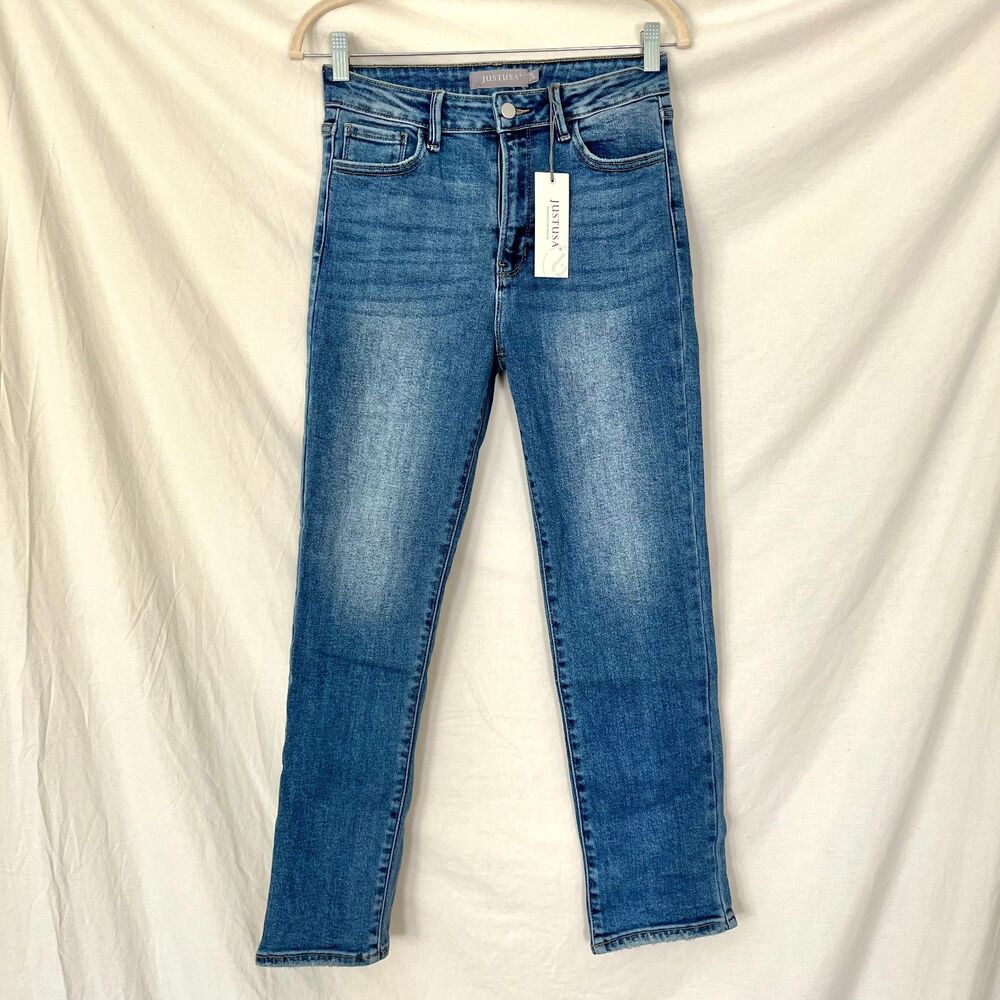 NWT Just USA High Rise Straight Leg Dark Mid Wash Jeans 28 / 6